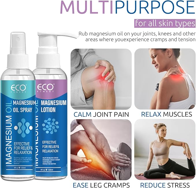 Pure Magnesium Oil Spray & Lotion Duo, Topical Magnesium Oil Lotion for Feet, Skin & Body, Easy to Absorb and Use, Women & Men