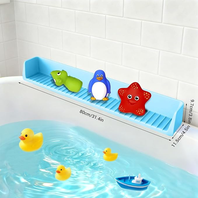 Splash Guard for Bathtub Kids, Longer Silicone Bathtub Splash Guard with 11 Suction Cups, Bath Tub Play Shelf for Kids & Toy Holder, Prevent Water Spill in Bathroom, Blue