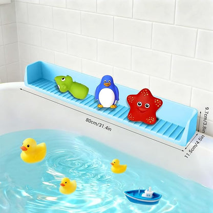 Splash Guard for Bathtub Kids, Longer Silicone Bathtub Splash Guard with 11 Suction Cups, Bath Tub Play Shelf for Kids & Toy Holder, Prevent Water Spill in Bathroom, Blue