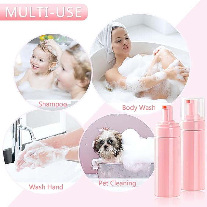 Foam Pump Bottle 5.1oz/150ml Pink Empty Foam Bottle Pump, Travel Foam Bottle for Soap, Shampoo, Cleaning Foam Dispenser Bottle Refillable (6 Pack)