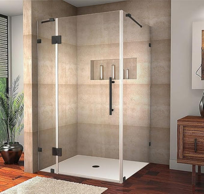 Avalux 48 in. W x 34 in. D x 72 in. H Rectangular Pivot Frameless Corner Shower Enclosure in Matte Black with Clear Glass