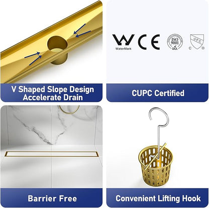 Linear Shower Drain 18", Brushed Gold Floor Drain with Tiled Insert Grate & Hair Strainer, 304 Stainless Steel Bathroom 2-in-1 Tiled in Drain, CUPC Certified (Brushed Gold, 18'')