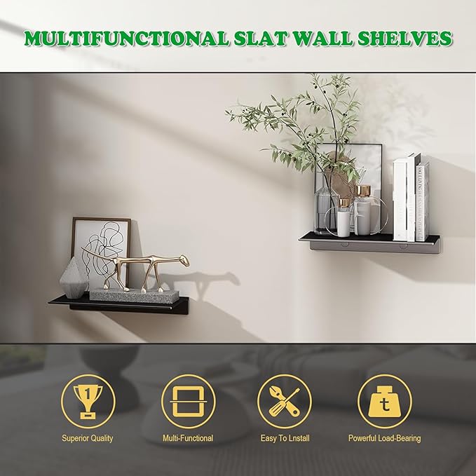 8" Floating Shelves for Wall, Metal Wall Shelves,Mini Display Shelf for Collectibles, Black Floating Shelves, Long Book Shelf for Bathroom Bedroom Room, Small Hanging Shelves
