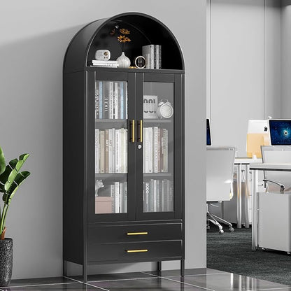 73''H Metal Arch Kitchen Pantry Cabinets, Arched Display Cabinet with Glass Doors&Drawers for Home Living Room, Assemble Required, Black