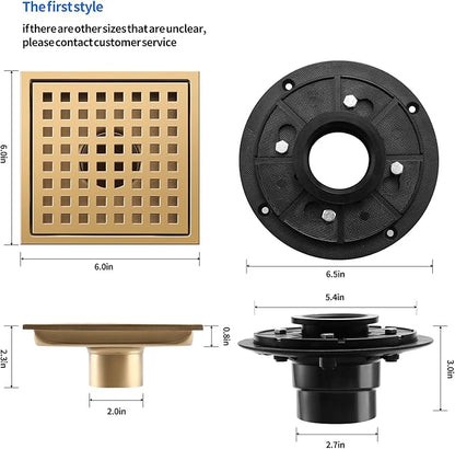 Shower Drain, Brushed Gold 6 inch Shower Floor Square Drain with Flange, Removeable Grid Panel SUS 304 Stainless Steel Square Shower Drain