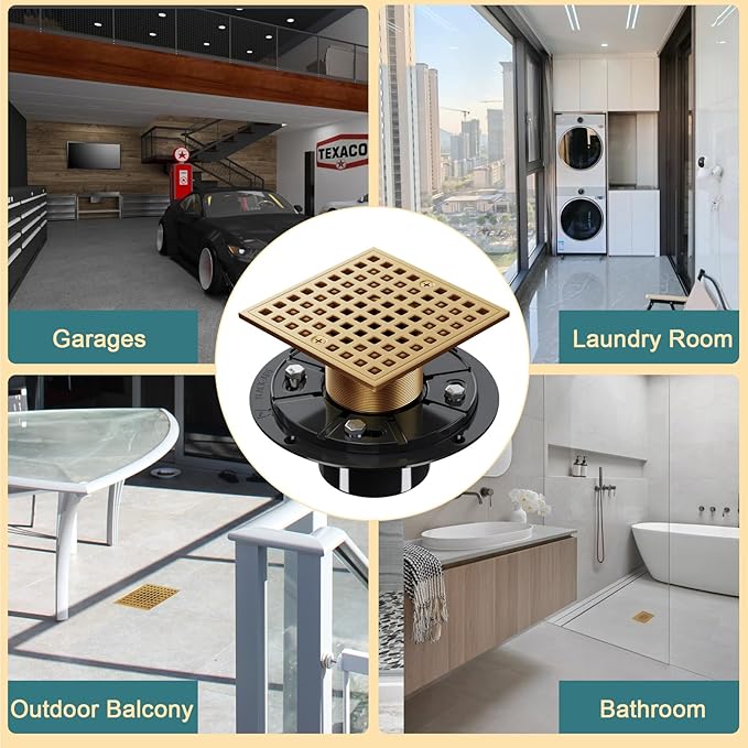 Champagne Bronze Shower Drain 4-1/4 Inch - Square Shower Floor Drain Kit with ABS Flange for 2" or 3" Pipe, Drain with Hair Strainer,Removable Strainer Cover,SUS304 Stainless Steel & CUPC Certified