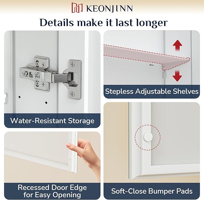 Keonjinn 24 x 32 Inch Medicine Cabinet Mirror, Assembly Required, Large White Medicine Cabinets for Bathroom, Stepless Adjustable Shelves, Tempered Glass, Soft Closing, Recessed or Wall Mount