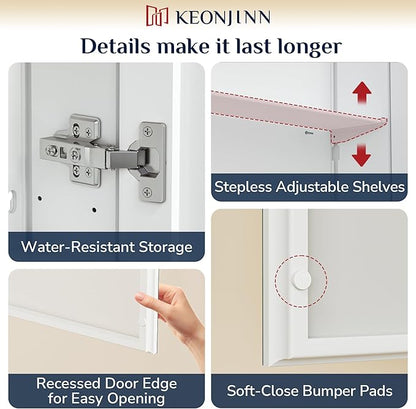 Keonjinn Small-Sized White Medicine Cabinet 14.5 x 18.5 Inch, One Shelf Only, Assembly Required, Mini Medicine Cabinet Mirror for Compact Bathroom, Free Adjustable Shelves, Wall Mount or Recessed
