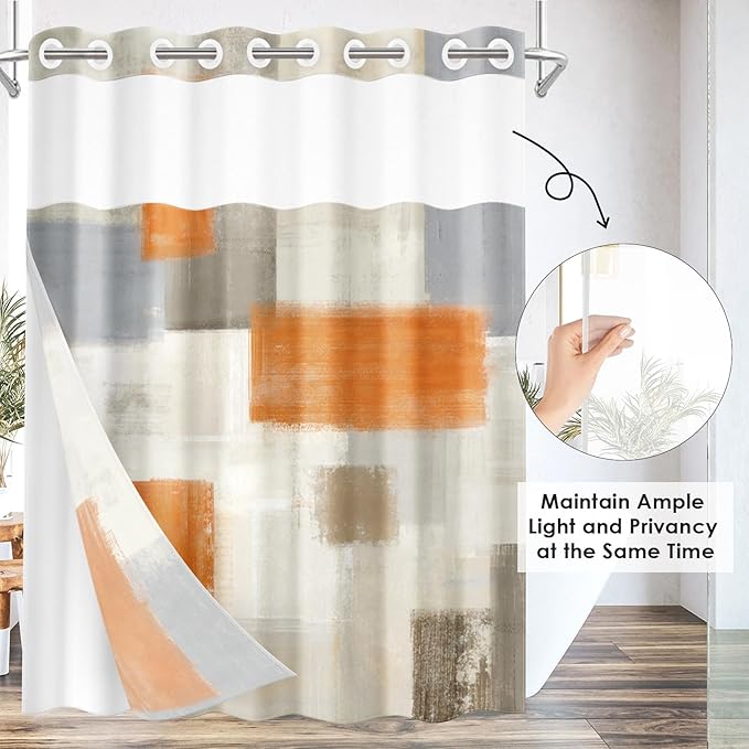 No Hook Grey Beige Orange Painting Shower Curtain with Snap in Fabric Liner Set, Abstract Double Layers Waterproof Fabric with See Through Top Window Open Grommet Bath Curtain 71x74 Inch