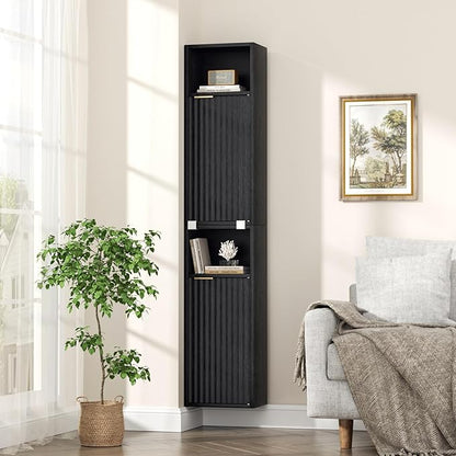 59.1" Tall Slim Bathroom Storage Cabinet Black | Freestanding or Wall Mounted Modular Cabinet, Fluted Panel Linen Tower with Adjustable Shelves for Small Spaces