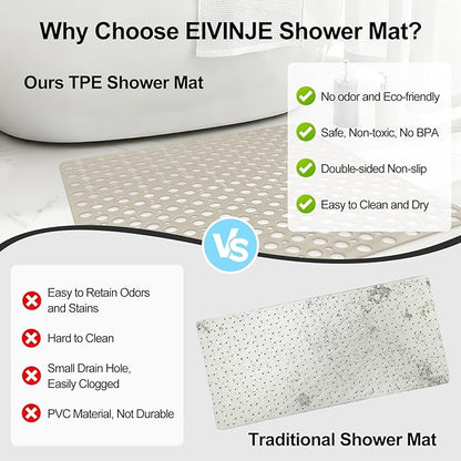 Anti Slip Shower Mat with Suction Cups,27x27 Inch Quick Drain TPE Non Slip Shower Mats for Inside Shower,Large Bath Mat for Shower Soft on Feet, Easy to Dry&Cut Machine Washable