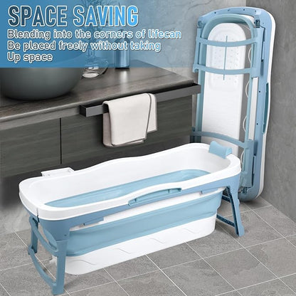 56" Portable Bathtub for Adult, No Installation, Foldable Tub for Shower, Folding Collapsible Bathtub Soaking Tub for Bathroom, Ergonomically Designed for The Ultimate Relaxing Soaking Bath Blue