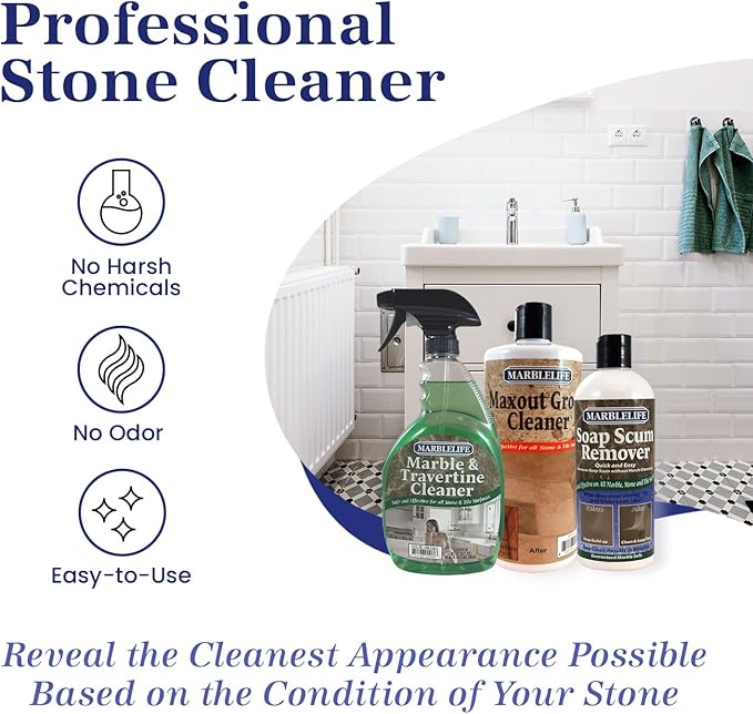 Marblelife Bathroom Combo Kit, With Marble & Travertine Cleaner, MaxOut Deep Grout Cleaner for Tile Floors, Soap Scum Remover For Shower & Other Surfaces, Includes A Cleaning Cloth