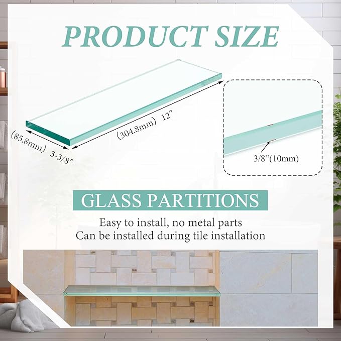 2 Pcs 3-3/8" x 12" 3/8" Thick Tempered Glass Shelf Clear Flat Polished, Flush-Mounted Floating Shelf for Bathroom Essentials & Shower Niche No Mounting Hardware Required
