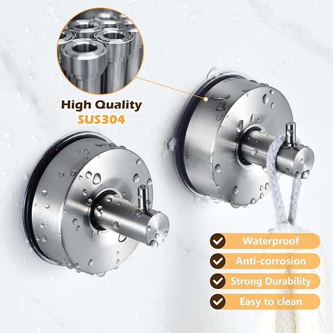 YOHOM Suction Cup Hooks for Shower Wall Bathrooms Towels Hook for Glass Door Heavy Duty (Silver, 4 PCS)