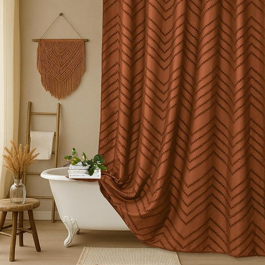 Long Orange Boho Shower Curtain 78 inch Shower Curtain, Tufted Chevron Striped Modern Chic Textured Minimalist Bathroom Shower Curtains