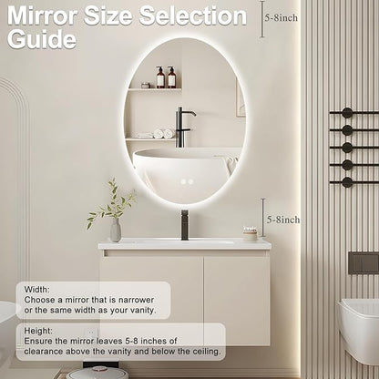 32 X 24 Inch Oval Backlit LED Bathroom Mirror Anti-Fog 3 Colors Light Dimmable Wall Mounted Lighted Bathroom Vanity Mirror Smart Makeup Mirror with Touch Switch