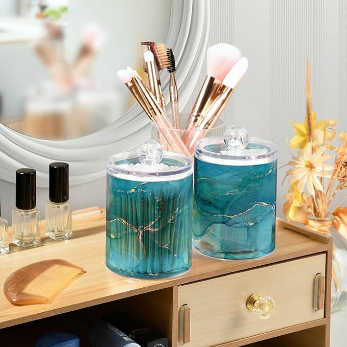 MNSRUU 4 Pack Qtip Holder Organizer Dispenser Blue Marble Abstract Fluid Art Bathroom Containers Bathroom Vanity Storage Canister Apothecary Jars for Cotton Swabs/Pads/Floss