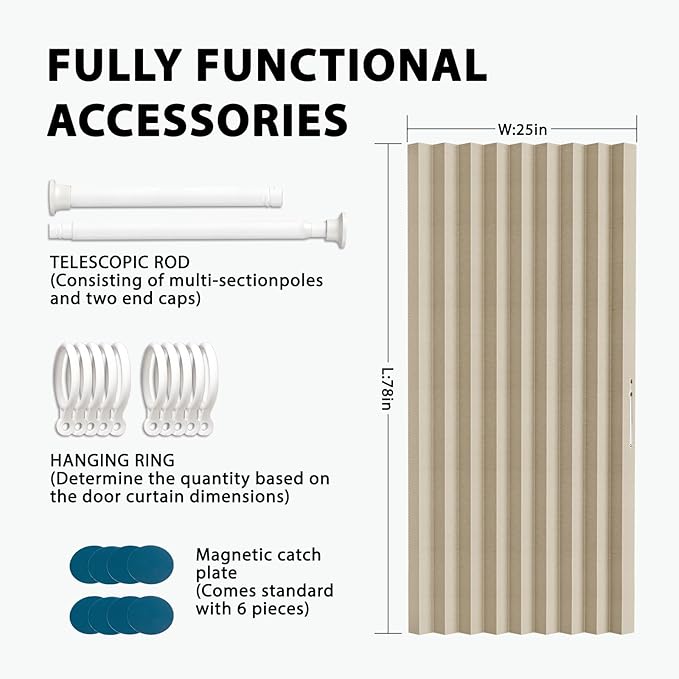 Accordion Door Curtain Set - 100% Blackout, with Curtain Rod Included, for Bedroom Privacy Protection (Beige-43 W x 78" L+Rod)