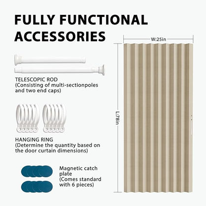 Accordion Door Curtain Set - 100% Blackout, with Curtain Rod Included, for Bedroom Privacy Protection (Beige-43 W x 78" L+Rod)