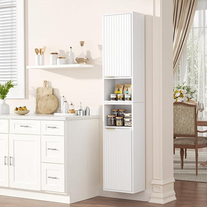 59.1" Tall Slim Bathroom Storage Cabinet White | Freestanding or Wall Mounted Modular Cabinet, Fluted Panel Linen Tower with Adjustable Shelves for Small Spaces