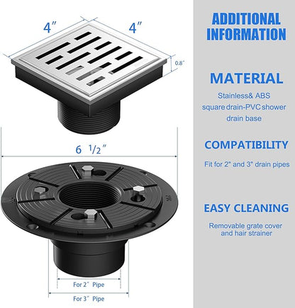 Neodrain Square Shower Drain, 4 inch Stainless Steel 304 Grate and PVC Drain Body, Brick Pattern Grate with Brushed Nickel Finish, Kit Includes Hair Trap/Strainer,Lifting Hook and PVC Drain Base