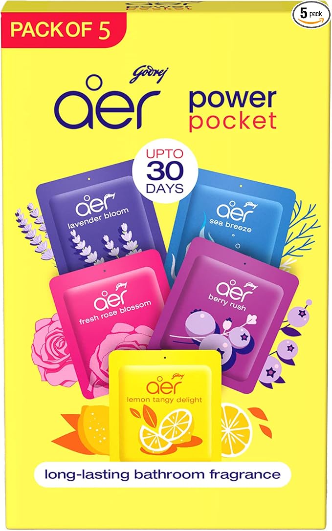 Godrej aer Power Pocket Bathroom Freshener – Assorted Pack of 5 (50g)| Lasts up to 30 days | Germ Protection