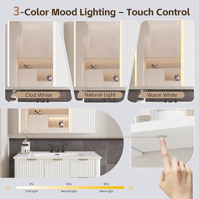 Lighted Bathroom Medicine Cabinet with Mirror，30 x 28 Inch Wall-Mounted Bathroom Wall Cabinet with Storage, LED Lights, Adjustable Shelves,White