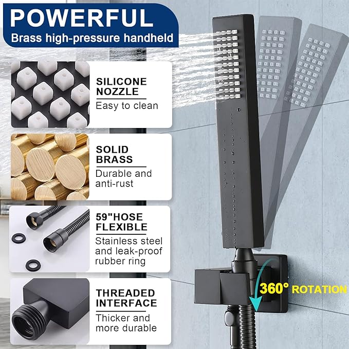 Multi Full Body Thermostatic Luxury Spa Shower System And 14x20 Inch LED 4 Functions Faucet Set, Rainfall Spray Waterfall Can Be Turned On Simultaneously,Matte Black