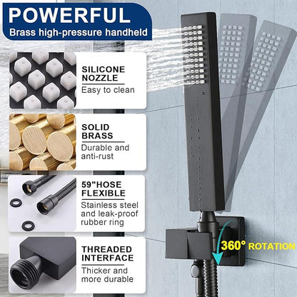 Multi Full Body Thermostatic Luxury Spa Shower System And 14x20 Inch LED 4 Functions Faucet Set, Rainfall Spray Waterfall Can Be Turned On Simultaneously,Matte Black