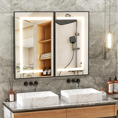 APRILSOUL 40X32 Inch Black Bathroom Medicine Cabinet with Mirror, Recessed or Surface Lighted Medicine Cabinet with 3 Colors Temperature, Dimmable Light