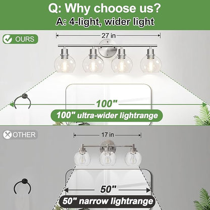 4-Light Bathroom Light Fixtures, Brushed Nickel Modern Vanity Lights Over Mirror with Clear Glass Globe Shade, Bathroom Wall Sconces for Mirror Kitchen Living Room Hallway Cabinet Bedroom Porch