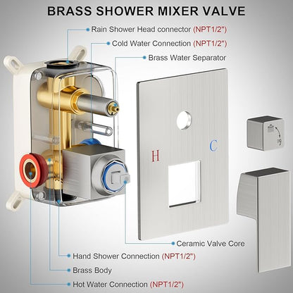 Shower Faucet Set Bathroom Square Rain Shower Head and Handle Set, Wall Mounted Shower Fixtures With Shower Valve and Trim Kit 10 inch Brushed Nickel