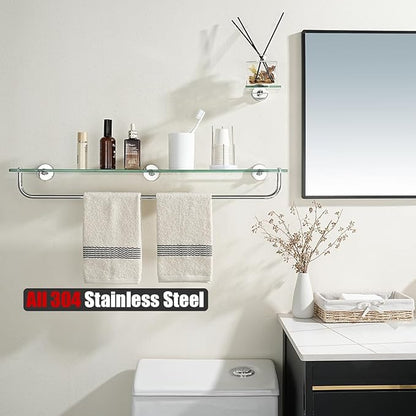 JQK Bathroom Glass Shelf Polished Chome, Shelf with 29 Inch Towel Bar Tempered Glass Shower Storage 30 by 5 inches, 304 Stainless Steel Silver Finish Wall Mount, TGS100L30-CH