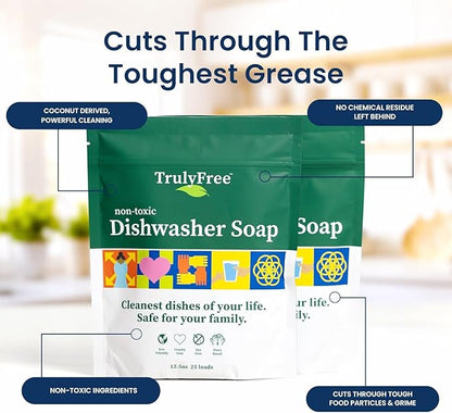 Truly Free Dishwasher Detergent Powder | Natural Dish Detergent, Dishwasher Soap | Plastic Free, Plant-Based, Clean, Heavy Duty Hard Water Stain & Grease Remover | Fragrance Free | 12.5 oz (Pack of 1)