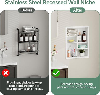 Stainless Steel Recessed Medicine Cabinet 14 * 18, Rust-proof Metal Wall Niche, In Wall Shower Niche Shelf Insert Replacement, Recessed Medicine Cabinets for Drywall, with 4 Compartments, White