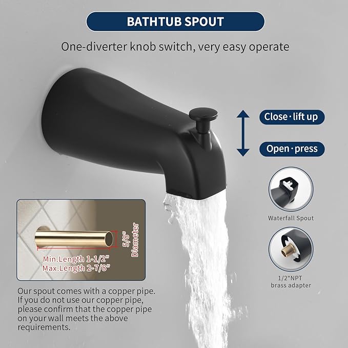 2 Handle Shower Faucet Set with Tub Spout and Shower Head Combo, Matte Black, Wall Mounted, 2 Handles, Brass, Complete Bathtub Shower Trim Kit
