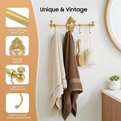 TFCFL Wall Mounted Towel Rack with 4 Hooks, Vintage Gold Brass Bathroom Organizer 14.17", H59 Brass for Bathroom & Kitchen