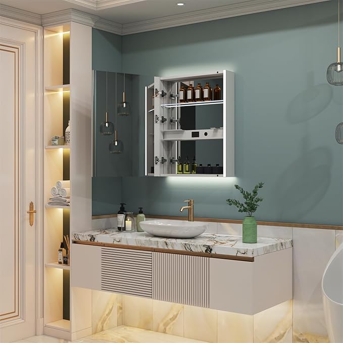 WELLFOR 20" x 30" LED Mirrored Bathroom Cabinet, Mirror Medicine Cabinet with Lights, Defogging LED Mirror Cabinet with Outlets & USB Ports, Surface Mounted, Left Opening Door, Hardwired Connected