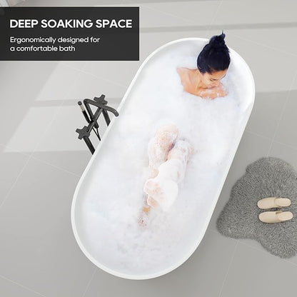 SJ STAR&JANE 55" Solid Surface Freestanding Bathtub, Stone Resin Oval Soaking Tub Matte White Stand Alone Tub with Overflow and Pop-up Drain for Bathroom
