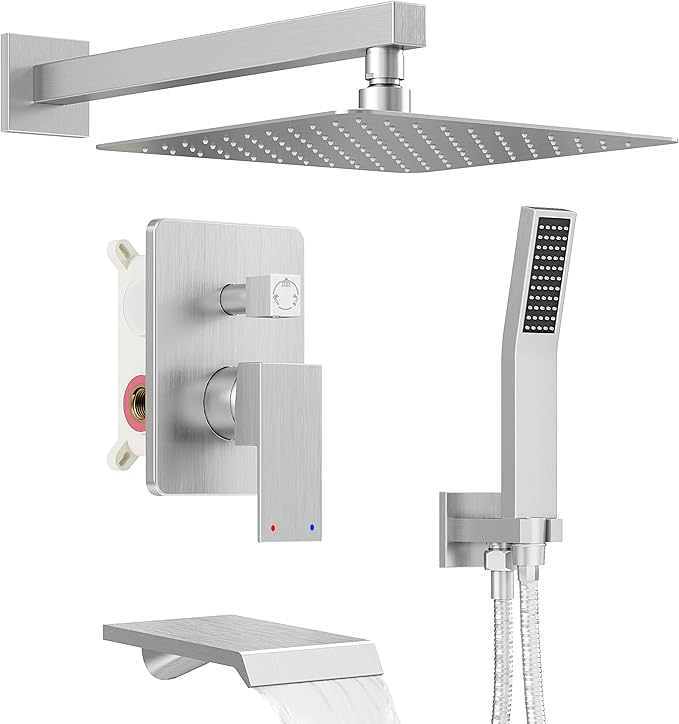 Shower System with Tub Spout, All Metal Tub Shower Faucet Set with 10'' Rain shower heads and handheld spray combo,Wall Mounted Tub Shower Systems with Valve and Trim Kit, Brushed Nickel