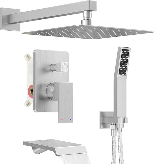 Shower System with Tub Spout, All Metal Tub Shower Faucet Set with 10'' Rain shower heads and handheld spray combo,Wall Mounted Tub Shower Systems with Valve and Trim Kit, Brushed Nickel