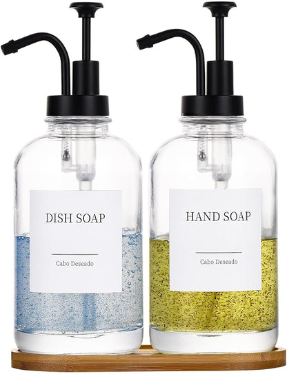 Glass Soap Dispenser with Pump, Dish and Hand Soap Dispenser for Kitchen Bathroom Set, Clear Glass Dispenser Set of 2 Pack with 18 Stickers Funnel Bamboo Tray 500ml 18oz / Each Bottle Sliver Pump
