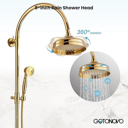 gotonovo Exposed Bathroom Shower System Classic Shower Kit 8 Inch Luxurious Rainfall Shower Head Handheld Spray Tub Filler Brass Pipe 3-Function Wall Mount Double Cross Knobs Polished Gold