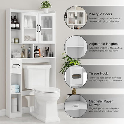 Vabches Over The Toilet Storage Cabinet, Farmhouse Storage Cabinet Over Toilet with Acrylic Doors，Home Space-Saving Toilet Rack, for Bathroom, Restroom, Laundry, White