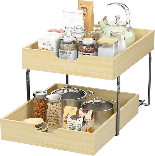 COOLBEBE 2 Tier Pull Out Drawers for Cabinets，17"W x 21"D Double Tier Slide Out Wood Drawer Shelf Organizer, Soft Close Cabinet Pull Out Shelves in Kitchen, Pantry