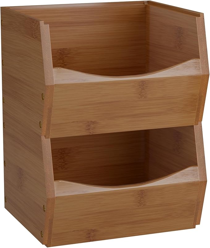 2 Set Open Front Small Stackable Storage Bins, Bamboo Stacking Storage Bins Snack Tea Bags Fruits Spices Countertop Storage, Rustic Organizer Bins for Pantry, Kitchen, Office, Bedroom (Small Walnut)