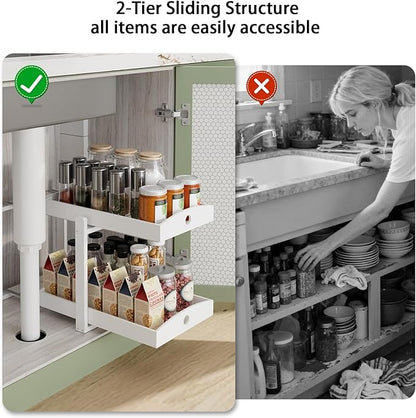 Bamboo Wood Under Sink Organizer 1 Pack, Pull Out Cabinet Organizer 2 Tier Under Sink Organizers and Storage with Sliding Drawer Sturdy Easy Assembly for Kitchen Bathroom Undersink (White, 2 Packs)