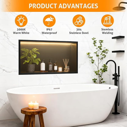 WICHEMI Stainless Steel Shower Niche 24" X 12", No Tile Needed Wall Niche with LED Light, Recessed Shower Shelf for Bathroom Storage Over Mount Installation, Matte Black