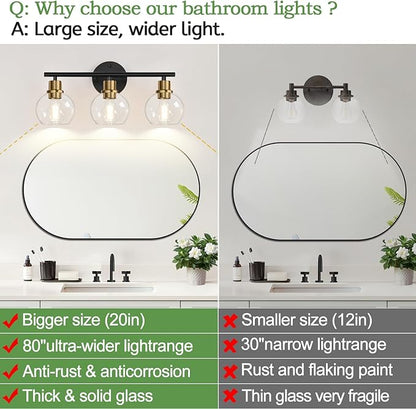 2025 Upgrade 3-Light Bathroom Light Fixtures, Black and Gold Bathroom Lights Over Mirror with Clear Glass Globe Shade, Vanity Lights for Bathroom Kitchen Living Room Hallway Cabinet Bedroom Porch